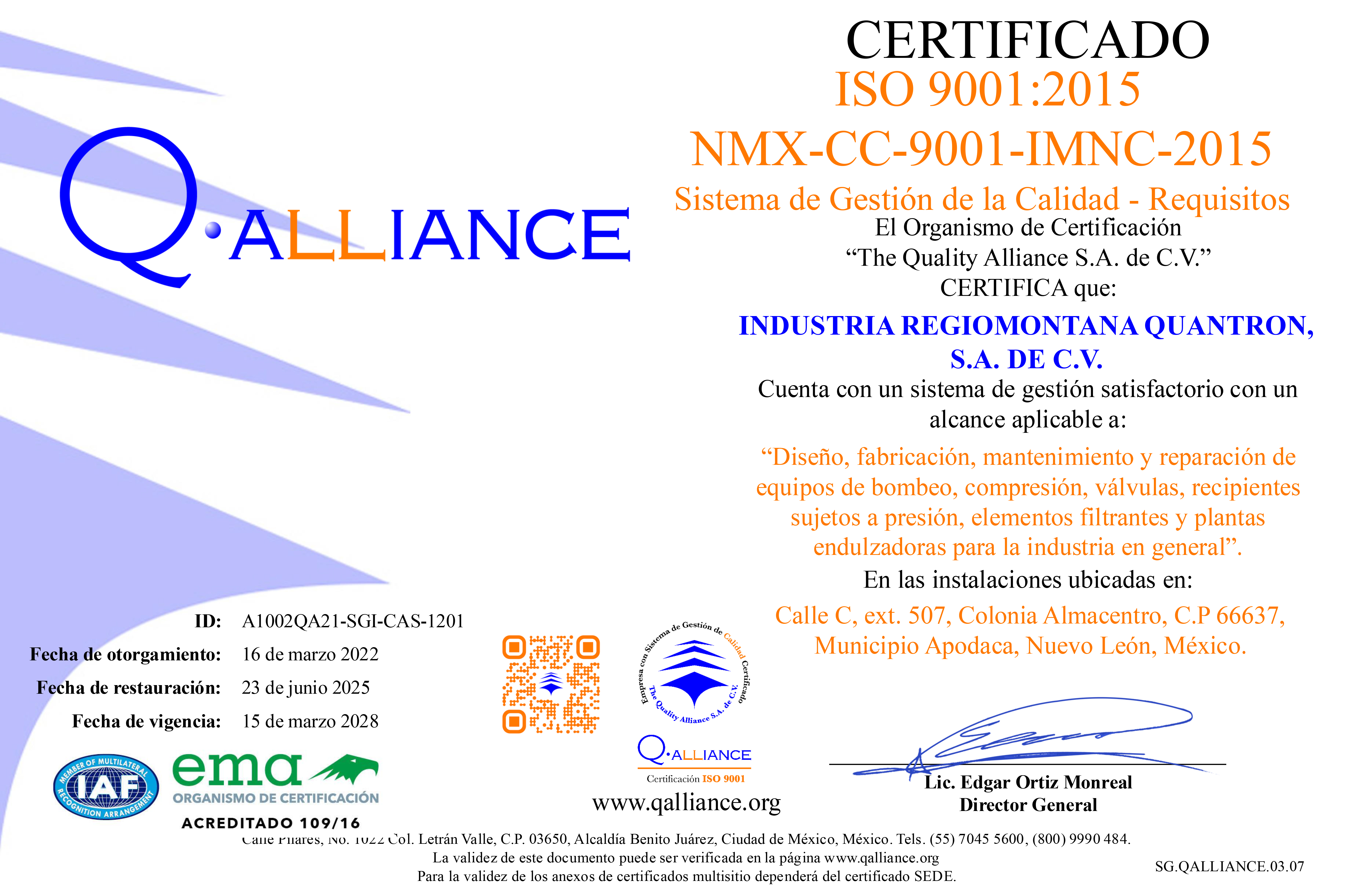 Certificado ISO 9001:2015