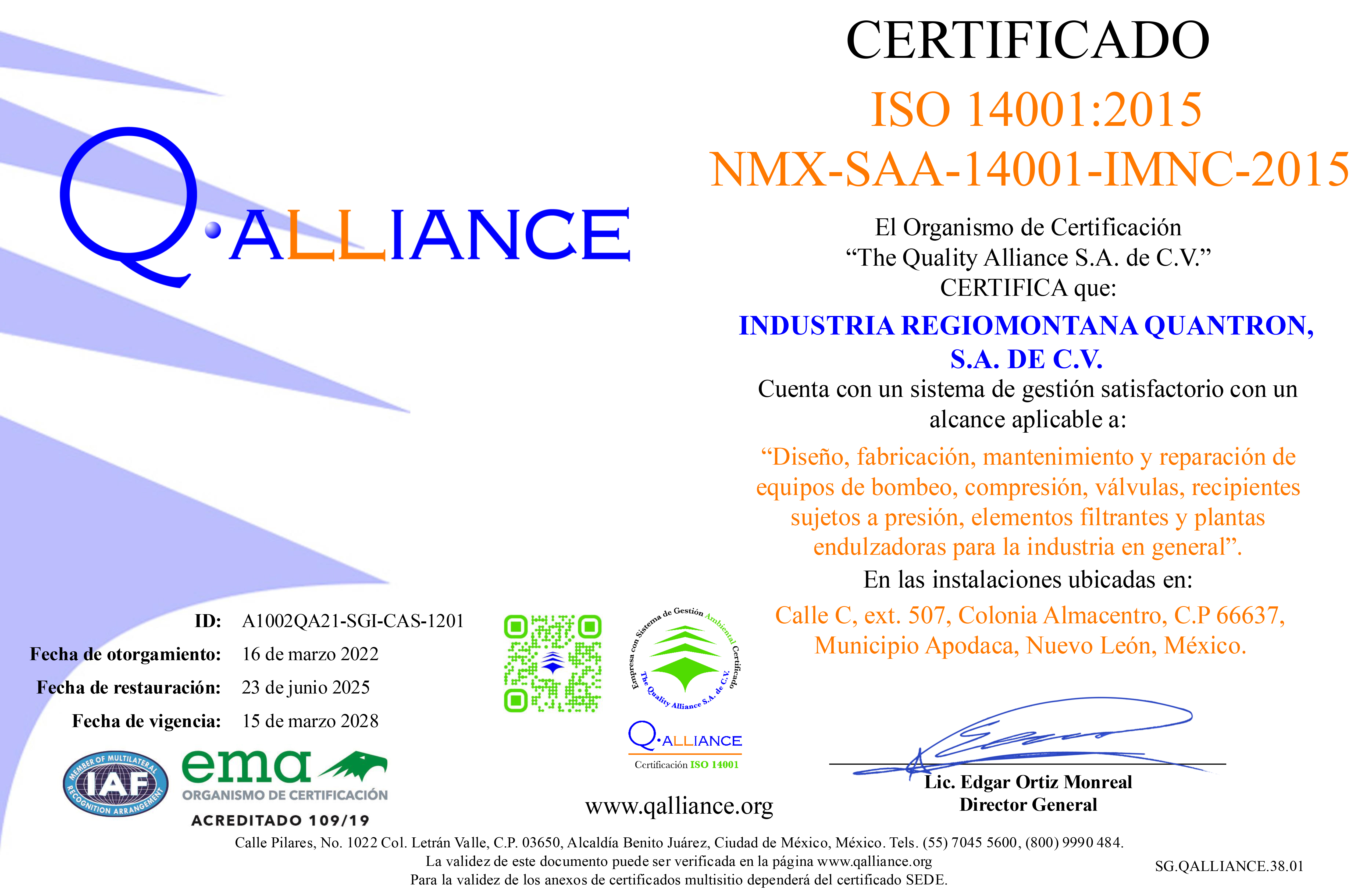Certificado ISO 14001:2015