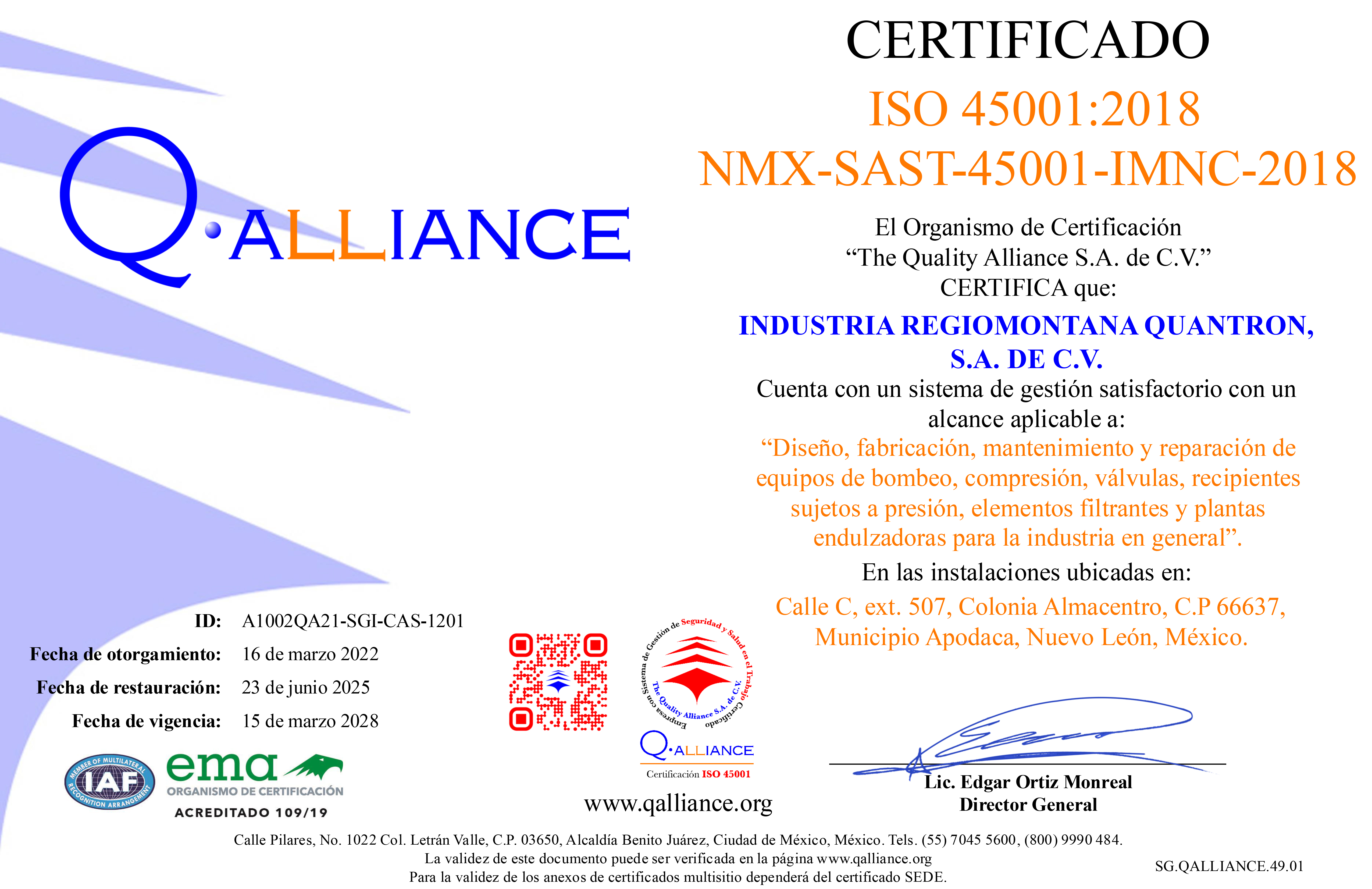 Certificado ISO 45001:2018